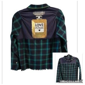 Handup Tennessee Plaid Love Potion Green Blue Flannel Button Down Over sized S